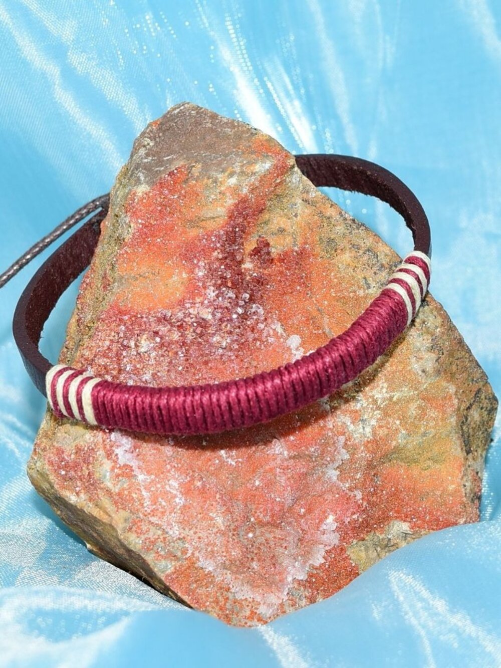 Taylor Rei Hemp Accent Bound Leather Bracelet Maroon Wine Red Womens Gift Boxed
